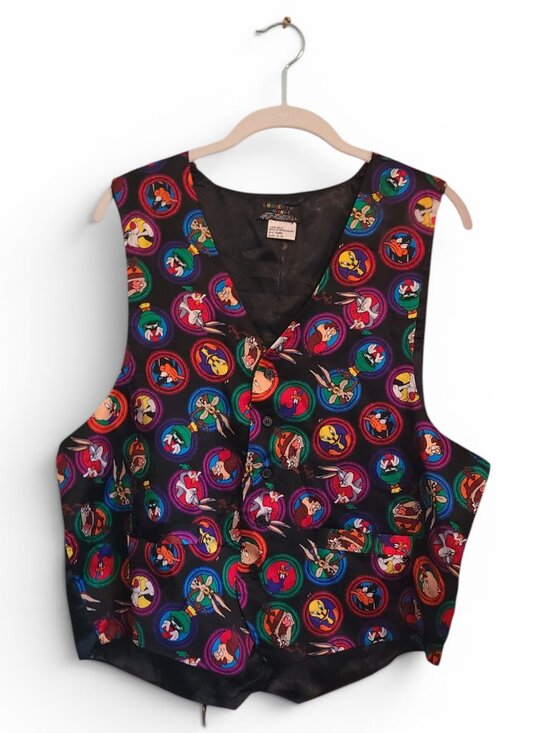 Looney Tunes Mania Tops - Vintage 90s Looney Tunes Black Vest 100% Silk Unisex Size Small
